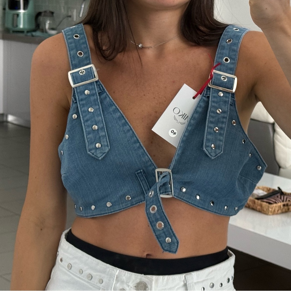 Denim Jean mini top handmade handcrafted with silver studs